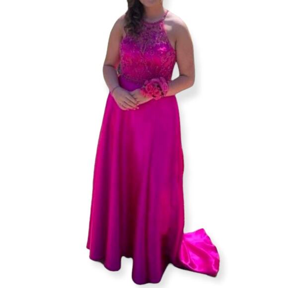 Mori Lee Fuchsia Embellished 2 Piece Prom Dress Size 10 Halter Gown - Picture 16 of 16